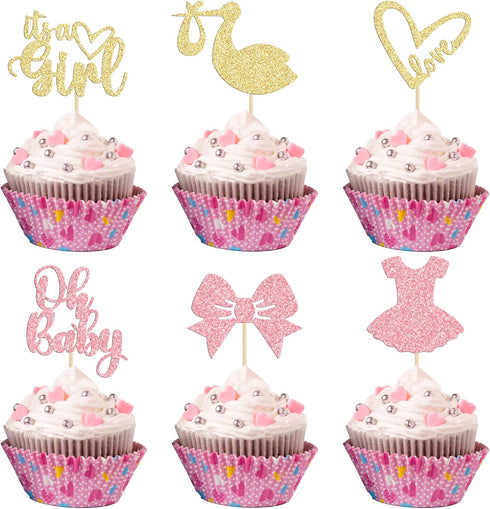 Gyufise 36 Pack Oh Baby Cupcake Toppers, It's a Girl Cupcake Toppers with Bow Dress Glitter Cake Picks for Baby Shower