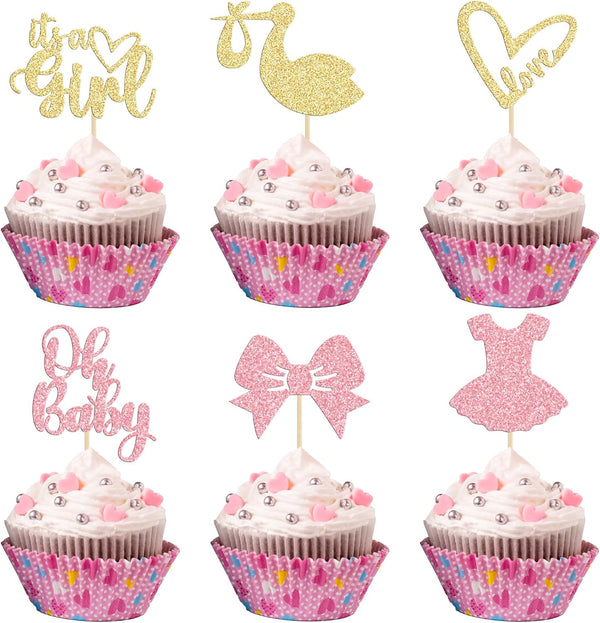 Gyufise 36 Pack Oh Baby Cupcake Toppers, It's a Girl Cupcake Toppers with Bow Dress Glitter Cake Picks for Baby Shower