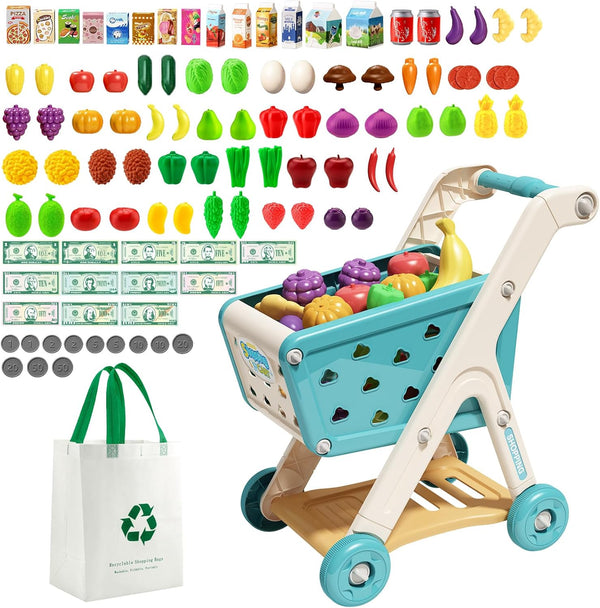 Jovow 102pcs Kids Shopping Cart Trolley Play Set with Pretend Food and