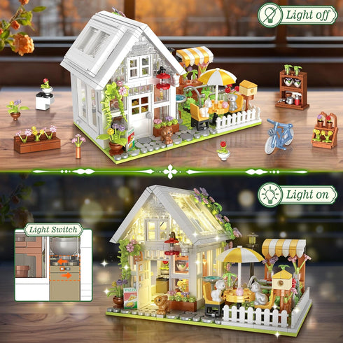 Husalari Set, 12+ (1188pcs) Flower House Building Block for Adults, Garden Architecture Building Toy with LED