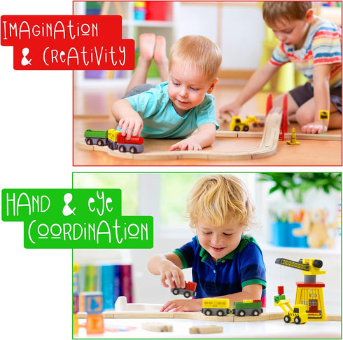Wooden Train Sets for Boys 2-7, 38 Pcs Wood Train Set with Crane, Bridge & Tracks for 3 Year Olds