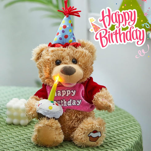 Houwsbaby 13.5'' Birthday Teddy Bear Interactive Stuffed Animal Electric Singing Musical Plush Toy with Cupcake for Kids