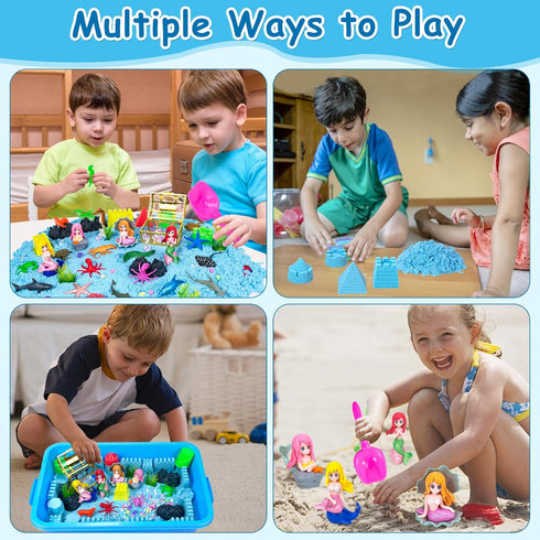 57Pcs 3-5 6 7 8 Sensory Bin, Ocean Mermaid Sensory Bins for Toddlers Sand Art Kit Sea Animals Molds Sandbox with Cover