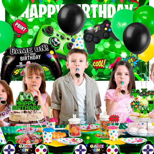 108Pcs Video Game Birthday Party Decorations - Green Gamer Supplies, Backdrop, Table Cover, Cupcake Topper, Balloon