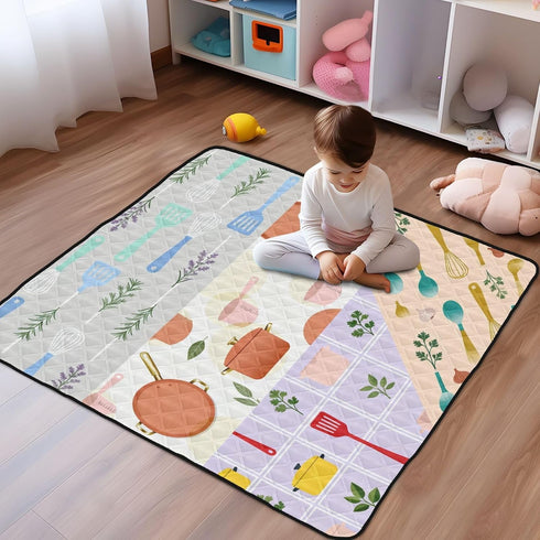 GuoChe 50'' 50'' Food Freshness Kitchen Utensils Pattern Cute Foldable Baby Activity Play Mat for Indoor Outdoor