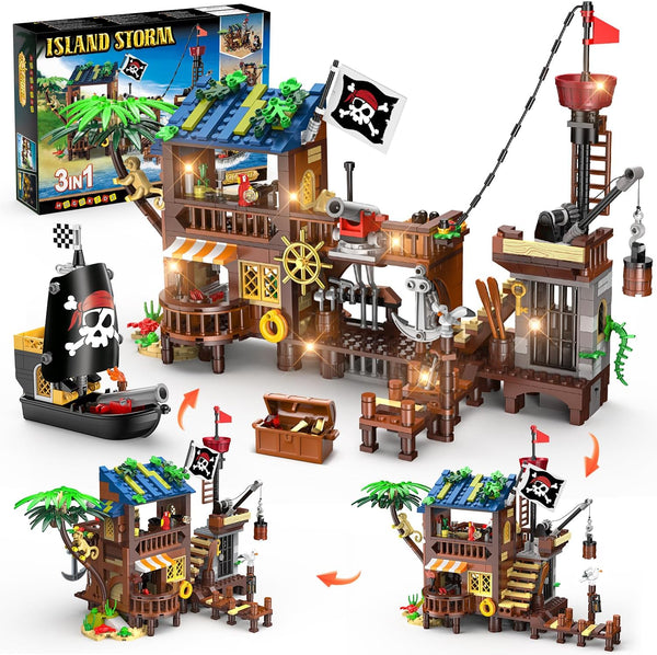HOGOKIDS Pirate Ship House Building Set with LED Light - 3 Style