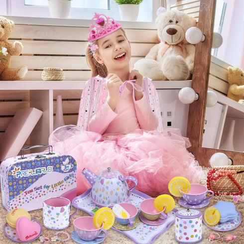 Set Playsets,Dress Set, 3-6 Tea Party for Little Girls,PRE-WORLD Princess Tea Time Toy with Food Sweet Treats Up