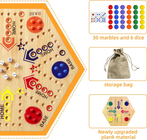 2 6 6 24 6 Family(15 INCH) Wooden Board Game, Original Marble Game Double Sided Painted to Player Fast Track Board Game