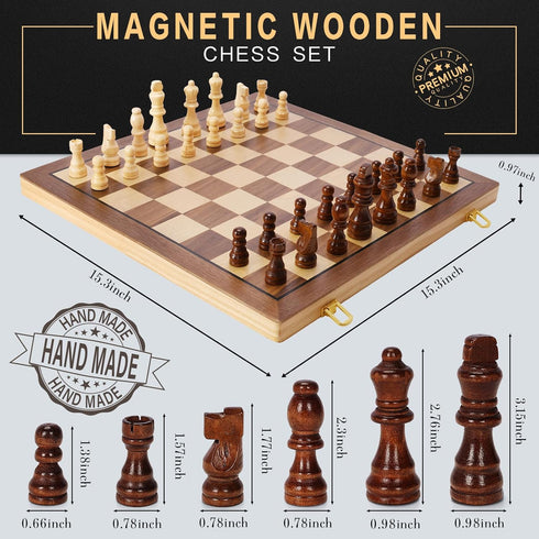 Set 15" 2 Sets Set Magnetic Wooden Chess for Adults Kids, Folding Chess Boards with Extra Queens, Portable Travel Chess