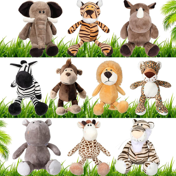 HyDren 10 Pcs Safari Stuffed Animals Plush Jungle Toys for Girls Boys, Elephant, Giraffe, Lion, Tiger, Monkey, and More