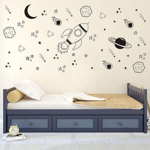 A37 Black Space Themed Room Decor, Rocket & Ship Wall Decals for Baby Boys Nursery
