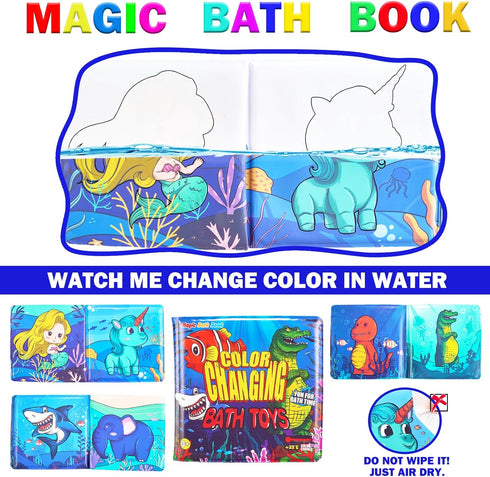 Staroud Bag(9 Packs) Color Changing No Hole Bath Toys for Toddlers Kids, Water Table Toys Rubber Animal with Bath Book