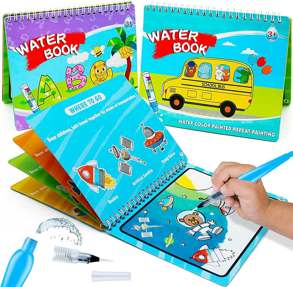 Magic Water Paint Coloring Books for Toddlers, Art Toys Age 2-4, Educational Doodle Toy (Alphabet Transportation 2 Pack)