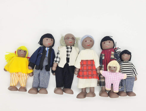 HYSTYLE 7 Pack Wooden Doll House Family Dolls - Family Role Play Pretend Play Mini People Figures (African American)