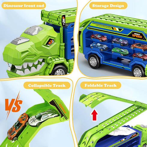 3, 4, 5, 6, 7, 8 6 Dinosaur Truck Car Toys for Years Old Kids, Carrier Truck Race Track Toys, Foldable Transport Car