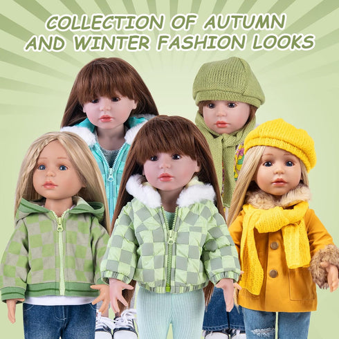 Doll Clothes 3 Pc. Set - Light Green Grey Plaid Hooded Thick Coat, Checkerboard Jacket, Warm Outfit for 18" Dolls