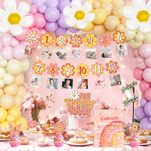 Hombae Groovy One Birthday Decorations, Hippie Daisy First Party Decor, Boho Themed Backdrop Balloon Monthly Photo