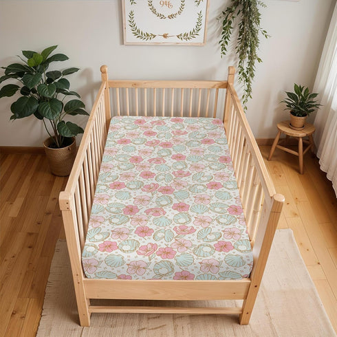 Summer 52"x28" Boho Mermaids Floral Baby Crib Sheets for Boy Girl Beach Seashells Conch Tropical Flowers Soft Snug