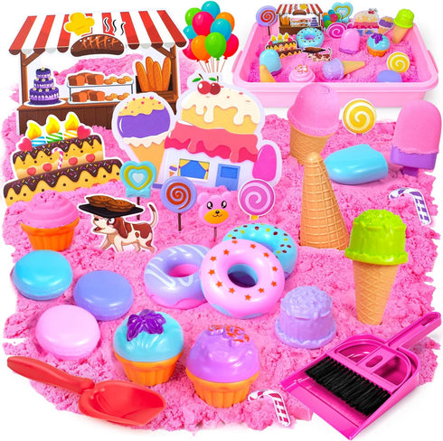 2.2lbs 3-8 Play Sand Kit for Girls, Ice Cream Sensory Bin Sandbox, Creative Bake Shop with Magic Sand, Ice Cream & Cake