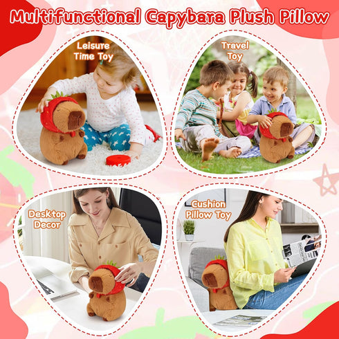 Emoin Capybara Plush Toy - 9.8 Inch Kawaii Capybara with Strawberry Hat, Soft Brown Doll Gift for Kids Adults