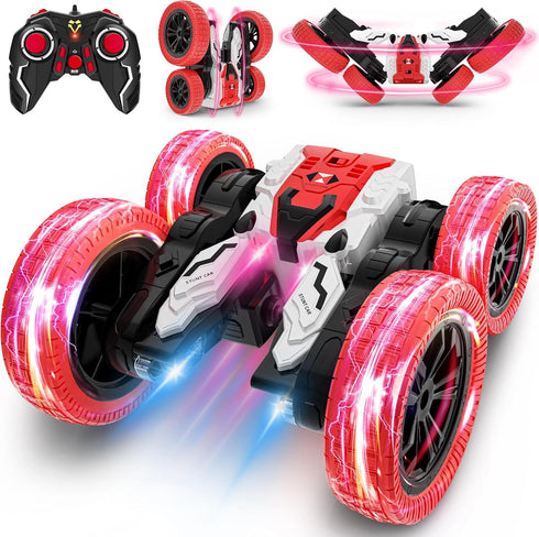 Remote Control Car, Double Sided RC Car, 4WD Off-Road Stunt Car with 360 Flips for Kids 3+ (Red)