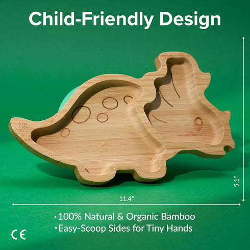 Bamboo Divided Suction Plates for Baby: Strong Non-toxic Eco-Friendly Materials - Dinosaur Design for Toddlers