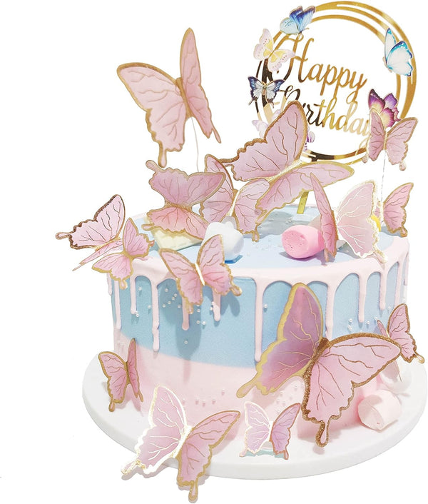 Butterfly Cake Toppers Decorations, 1 Big Happy Birthday Topper & 15Pcs 3D Pink Gold Cupcake Toppers