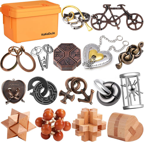 Metal Brain Teaser Puzzles Disentanglement Puzzles Metal Wooden Brain Teaser Puzzle 16pcs