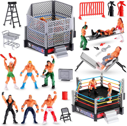 Skylety 32 Pcs Wrestling Toys with 12 Mini Wrestlers Action Figures and 20 Realistic Accessories Playset