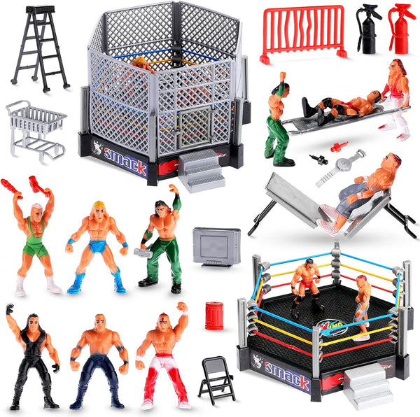 Skylety 32 Pcs Wrestling Toys with 12 Mini Wrestlers Action Figures and 20 Realistic Accessories Playset