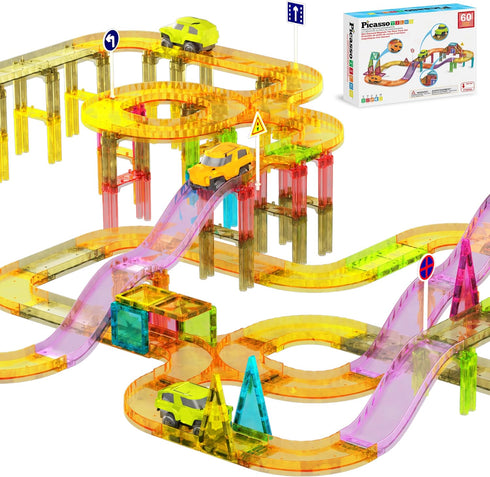 PicassoTiles 60pc Magnetic Tile Race Car Track Set STEM Construction Road Kit
