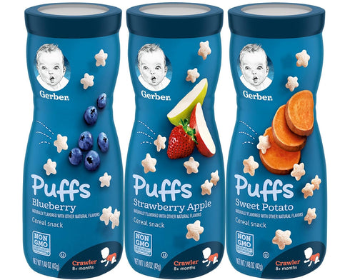 Gerber Graduates Puffs Cereal Snack Variety Pack - Blueberry, Strawberry-Apple, Sweet Potato