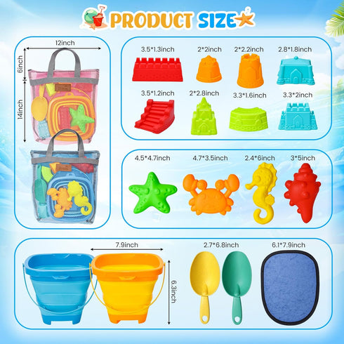 Set 19PCS LovesTown Collapsible Beach Toys for Kids, Collapsible Sand Bucket and Shovels with Mesh Bag & Sand Molds