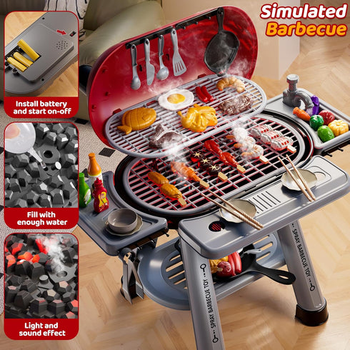 Playset 3-5, 2-Layer Set, Kids Grill for Toddlers Outdoor BBQ Cooking Toy with Smoke, Lights and Sounds, Backyard