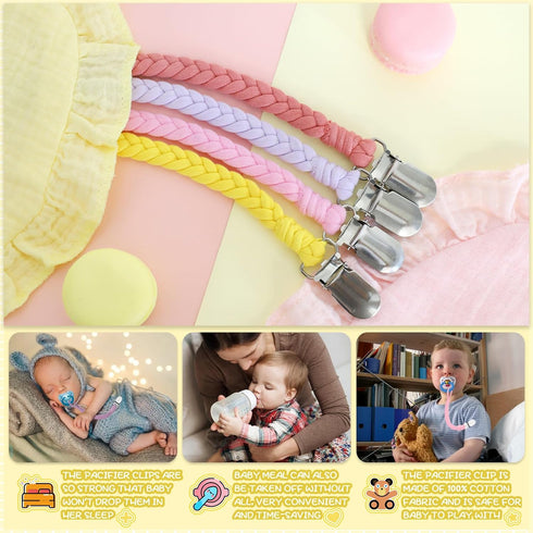 4 100% 4 Pack) Pcs Pacifier Clip, Pacifier Clips for Boys & Baby Girls Pacifier Holder Clip Binky Clips Braided