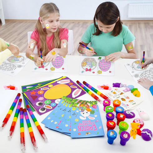 72 Set Cinrobiye Pcs Easter Party Favors Easter Basket Stuffers with Coloring Books Stacking Crayons Tattoos Stampers