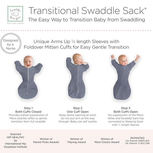 SwaddleDesigns Transitional Swaddle Sack with Arms Up, Half-Length Sleeves, Small, 0-3 months, 6-14 lbs, Heathered Denim