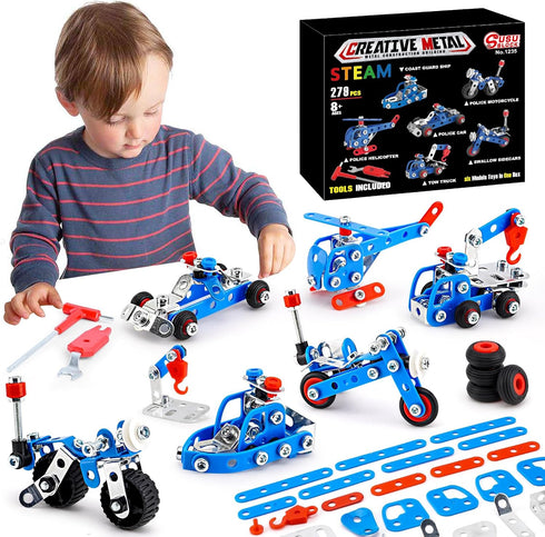 Stem Building Toys for Boys Age 8-12 - Police Toys 6 Mini Metal Model Set, Educational Gifts for Kids 8-12 Years Old