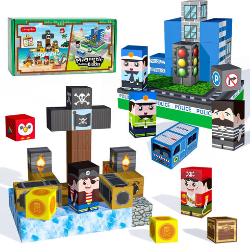 100 PCS Kids Magnetic Building Blocks, Police Station and Pirate Ship Theme,