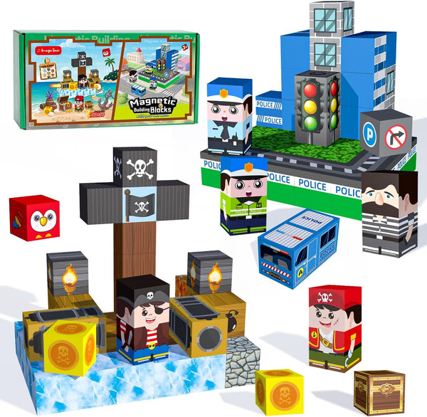 100 PCS Kids Magnetic Building Blocks, Police Station and Pirate Ship Theme,
