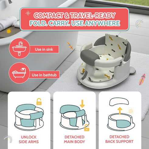 6-12 BEBECAN Non-Slip Baby Bath Seats Months, Toddler Bathtub Chair with Washable Cusion, Cap Brush & Shower Mug