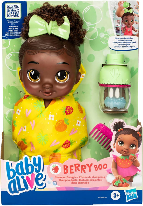 Baby Alive Shampoo Snuggle Berry Boo Black Hair 11 Inch Water Baby Doll Playset, Toys for 3 Year Old Girls & Boys & Up