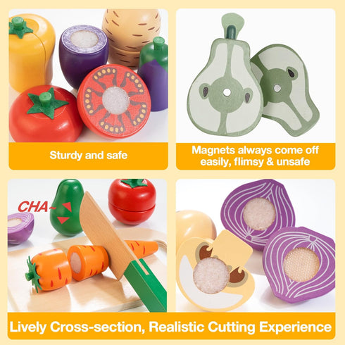 Set Set 3+ Wooden Play Food for Kids Kitchen | Cutting Veggies & Fruits Toy Food with Storage Case & Bag, Play Kitchen