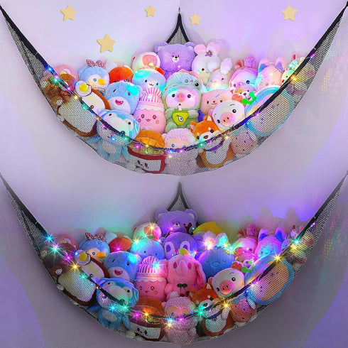 Stuffed Animals Net or Hammock - Kids Toy Storage Organizer with LED Light Unicorn Castle Hanging Corner Holder