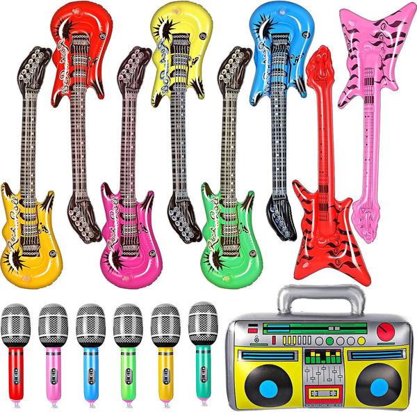 BBTO 15 Pcs Inflatable Rock Star Toy Set, 23.6 Inch Electric Guitar, Bass Guitar, Microphones & Boombox