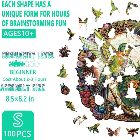 Wooden Puzzles for Adults, Yin Yang Hummingbird Unique Shaped Jigsaw Puzzles, 100 Piece 8.5 x 8.2in for Gifts