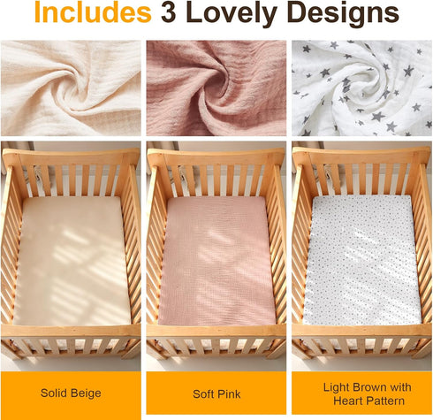FUFVUTI 3Pcs 32"x16" Set Soft Muslin Bassinet Sheets Breathable Cotton Fitted Sheets for Bassinet, Changing Pad