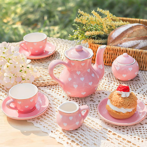 Set 3-8, Set TUZT Tea Party for Little Girls Ages Pink Heart Porcelain Tea with Gold Trim Edges, Princess Tea Time Toy