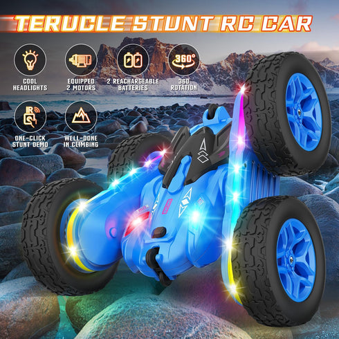 360 4WD Terucle Remote Control Car, Rc Cars Stunt Toys New Upgraded Strip Lights and Headlights Toys Double-Sided