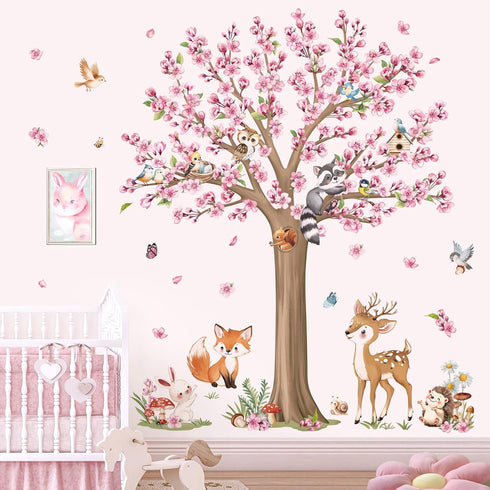 decalmile Woodland Animals Large Flower Tree Wall Decals Cherry Blossom Deer Fox Wall Stickers Baby Nursery Kids